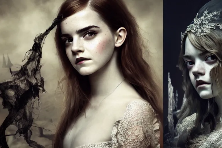 Image similar to a mix of of emma watson, anya taylor - joy and emma stone, evil sorceress witch, victorian manor, hyperrealism, octane render, extremely detailed, intricate smoke magic, lace, style of mark ryden, earl nore, hyung tae, frank frazetta