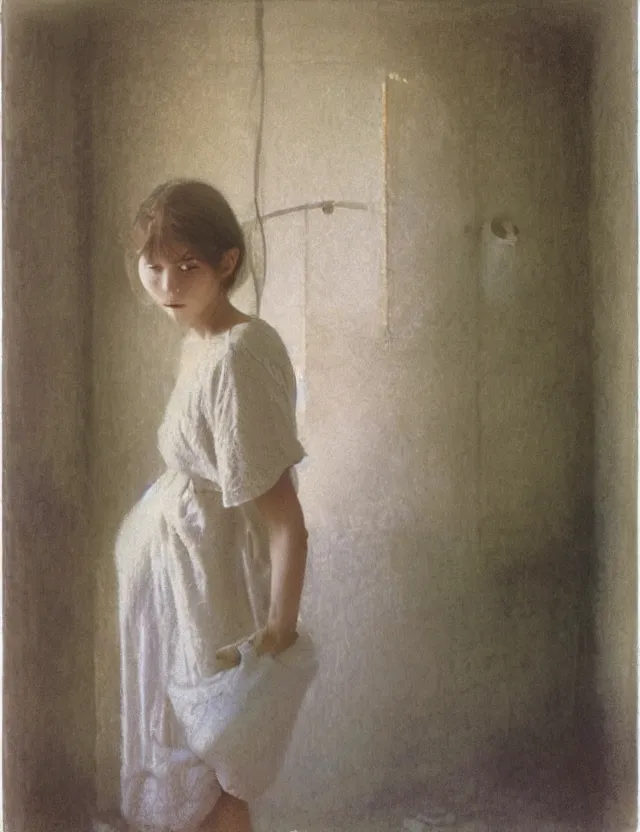 Image similar to peasant girl looking in a mirror in a bathroom, cottage core, polaroid photo bleached vintage pastel colors high - key lighting, soft lights, foggy, by steve hanks, by lisa yuskavage, by serov valentin, by tarkovsky, detailed, oil on canvas