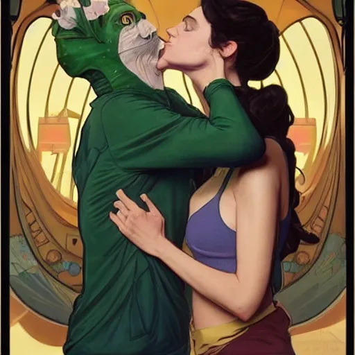 Prompt: young alison brie kissing bojack horseman, painted by artgerm and greg rutkowski and alphonse mucha. clear highly detailed face, beautiful sci fi art,