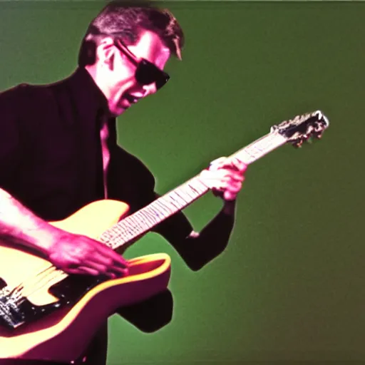 Prompt: film still of A man playing guitar crying with black sunglasses on