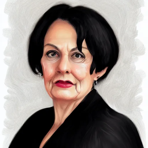 Prompt: a digital portrait of a 71 year old with black hair,hazel green eyes, drawn in the style of mark Arian