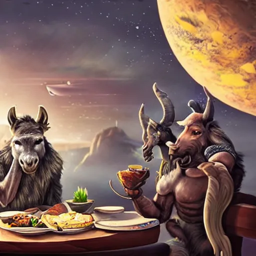 Image similar to ultrarealistic, ultradetailed, donkey eating breakfast, sitting on a futuristic table with aliens, at the end of the universe, very very very ultradetailed, epic fantasy style art, fantasy epic digital art, epic fantasy art, hearthstone style art