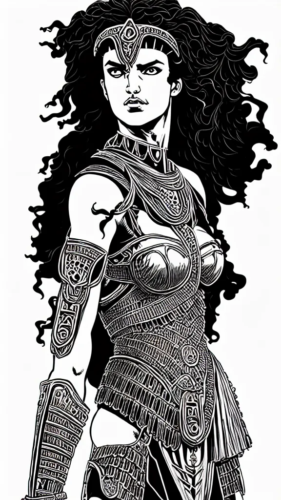 Image similar to greek amazon warrior, a tall beautiful woman with brown skin and long curly dark hair, dressed in hellenistic body armour, intricate, elegant, highly detailed, smooth, sharp focus, detailed face, high contrast, graphic novel, black and white, art by laurie greasley