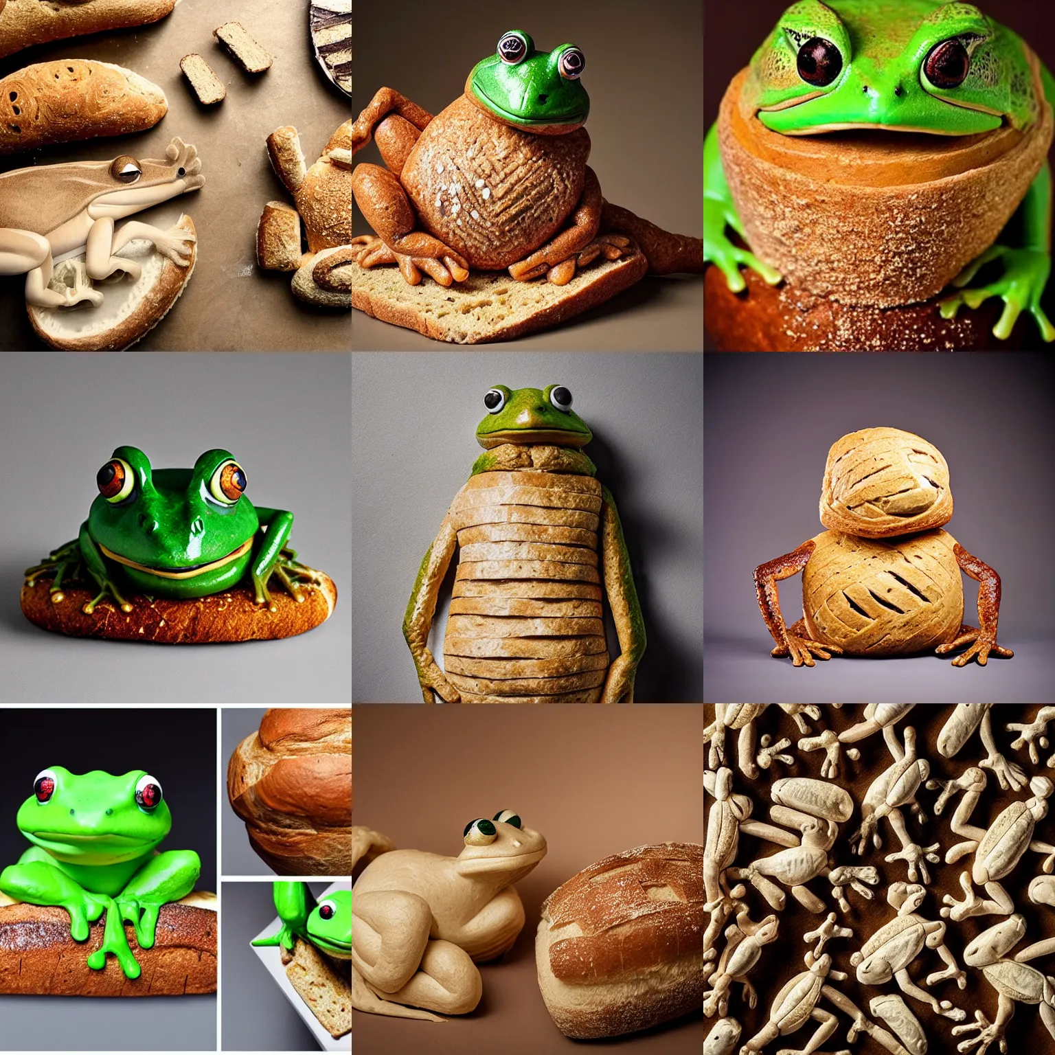 Prompt: an edible ( ( ( frog ) ) ) sculpture made entirely out of bread!!!!!!, food photography, studio lighting, delicious