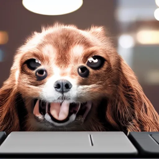 Image similar to barking angry dog on keyboard photo dramatic lighting