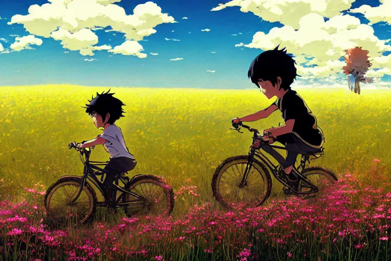 Prompt: a boy riding his bike alone, field of flowers, high intricate details, rule of thirds, golden ratio, cinematic light, anime style, graphic novel by fiona staples and dustin nguyen, by beaststars and orange, peter elson, alan bean, studio ghibli, makoto shinkai
