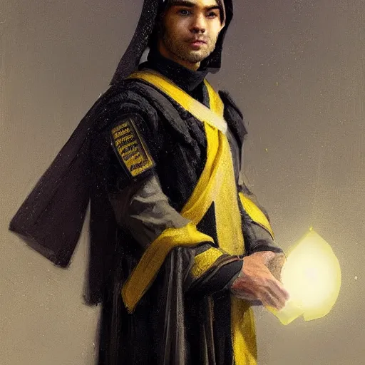 Image similar to Medium closeup young idealistic and pious homely male Imperial soldier wearing a black tabard with light yellow accents over a gambeson and a small!!! barbut helm, by Raymond Swanland Greg Rutkowski Lise Deharm, {perfect face}, {perfect eyes}, {uncertain look}, {on edge}