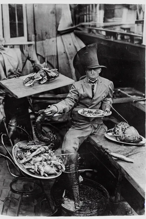 Image similar to the gortons fisherman at red lobster eating a lobster, in the style of eugene atget and peter witkin