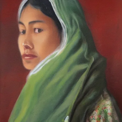 Image similar to a nepali woman wearing a white shawl, oil painting