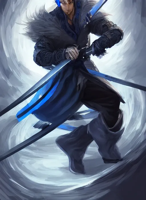 Prompt: a highly detailed illustration of fierce young short slick back white haired man wearing dark blue coat, bright blue eyes, dramatic wielding katana pose, intricate, elegant, highly detailed, centered, digital painting, artstation, concept art, smooth, sharp focus, league of legends concept art, wlop