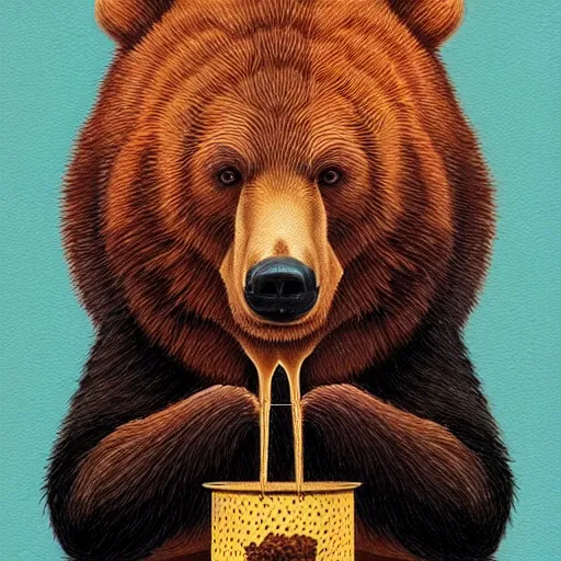 Prompt: bear eating grom a honey pot by casey weldon and martine johana, rich colors, intricate, elegant, highly detailed, centered, digital painting, artstation, concept art, smooth, sharp focus, illustration