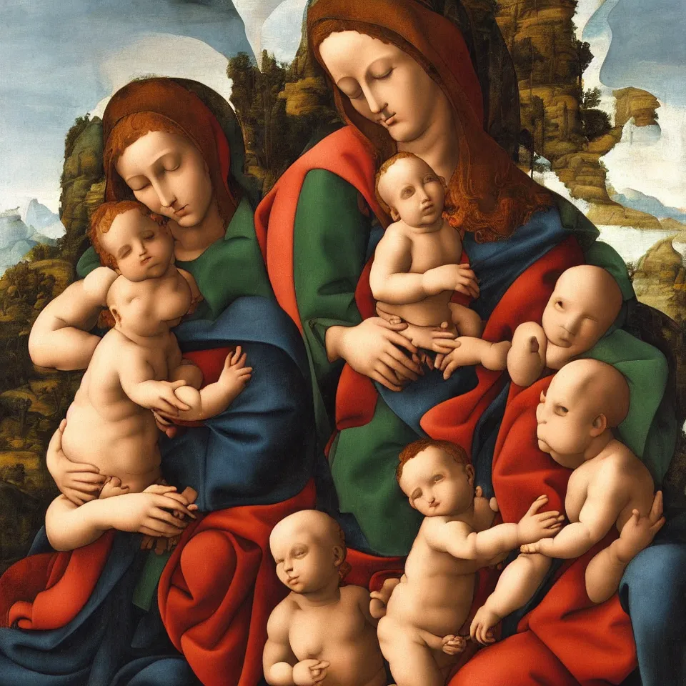 Prompt: very detailed oil painting of The Virgin Mary with God Child, landscape background, very detailed faces, by Michelangelo