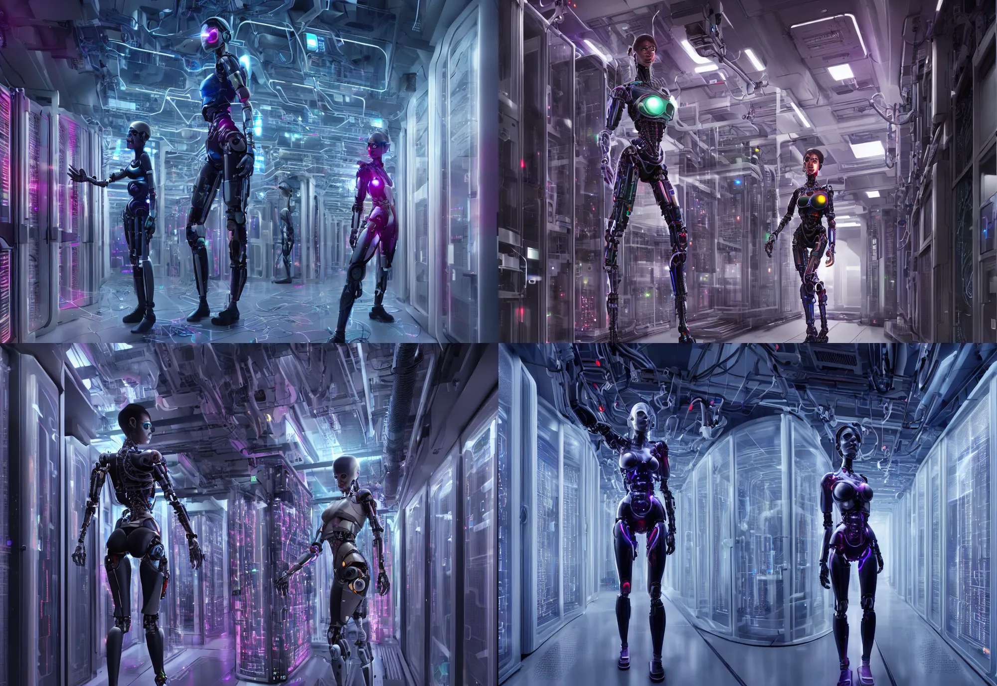 Prompt: female cyborg in data center, in detailed data center, in realistic data center, whole body, whole figure, character design, proportional human body, stylish, cinematic realistic, hyper realistic, extreamly detailed octane render 8 k by ex - machina, by cyberpunk violet colors, by josan gonzales and dan mumford