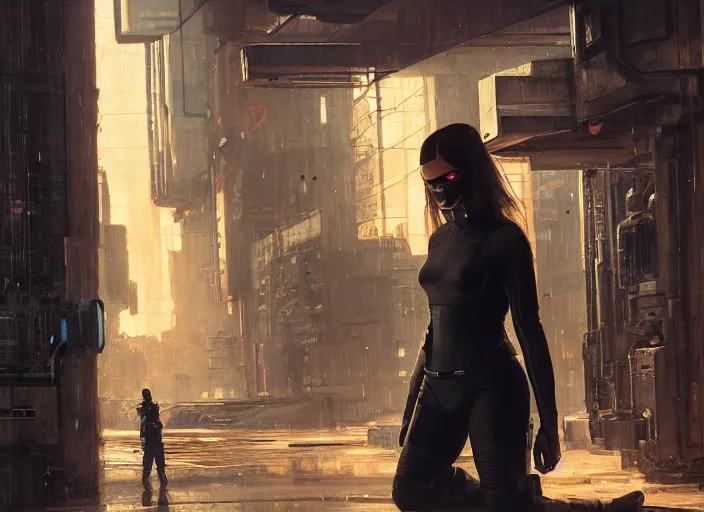 Image similar to Cyberpunk female hacker wearing stealth suit hiding from police patrol (blade runner 2049, cyberpunk 2077). Orientalist portrait by john william waterhouse and James Gurney and Theodore Ralli and Nasreddine Dinet, oil on canvas. Cinematic, hyper realism, realistic proportions, dramatic lighting, high detail 4k