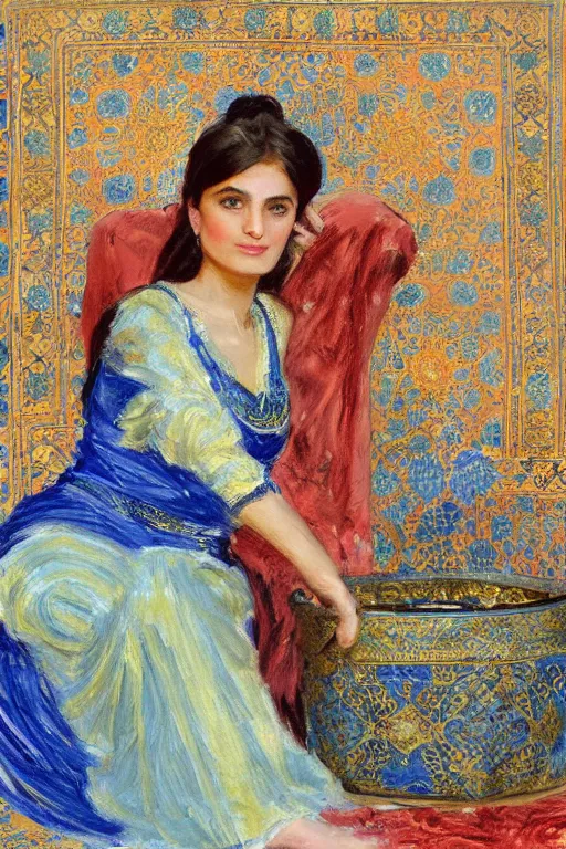 Prompt: gorgeous iranian girl waer detailed golden blue dress lay down on a detailed persian carpet near a big tree palm pot, painting by john singer sargent