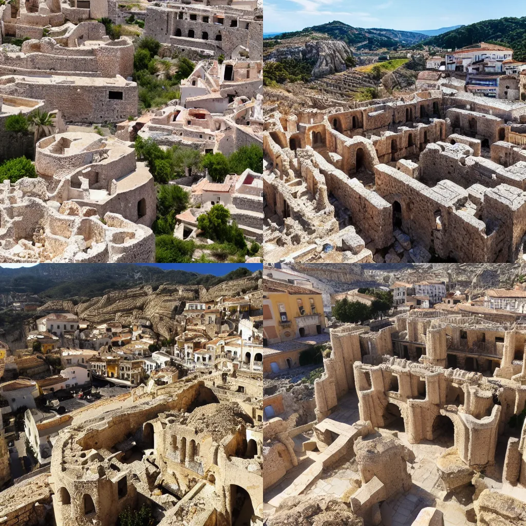 Prompt: destroyed ancient town made from limestone, huge rocks in Spain 4K 8K