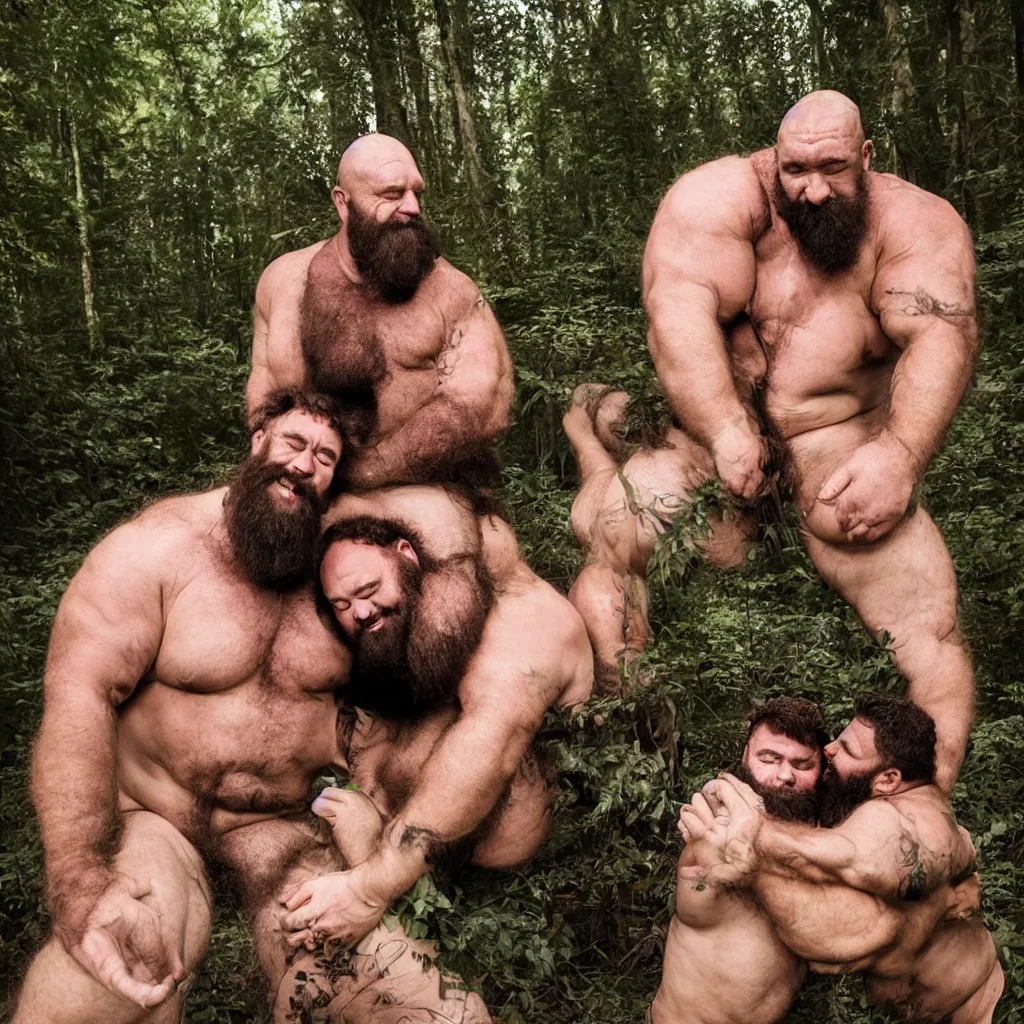 Prompt: dozens of big hairy strongmen in shorts in a forest, cuddling and kissing, photography, high details, epic, high resolution