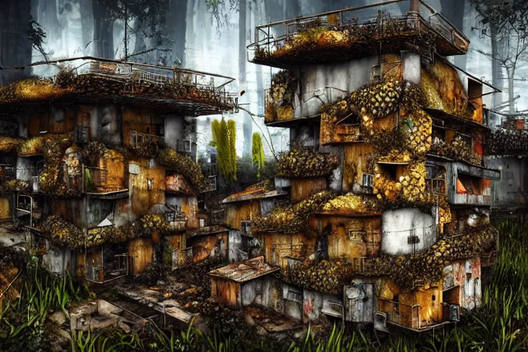 Image similar to favela fungus beehive, wooded environment, industrial factory, apocalyptic, award winning art, epic dreamlike fantasy landscape, ultra realistic,