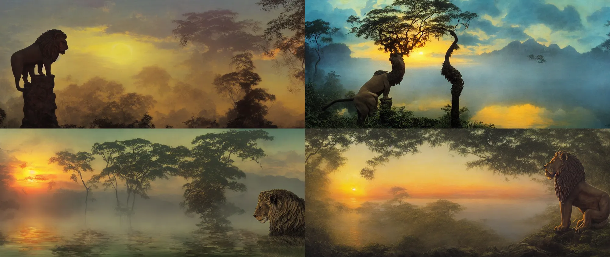 Prompt: backlight on giant lion head statue covered with fog in lake in jungle with backlight , sunset oil painting panorama by frazetta