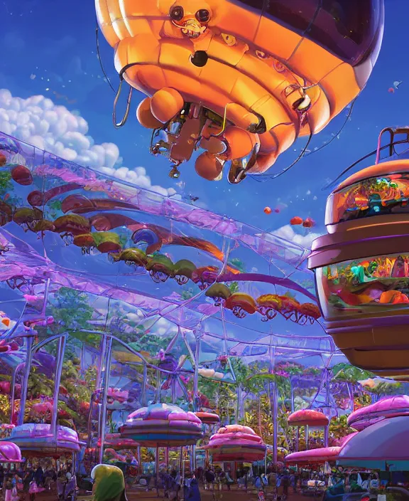 Image similar to a puffy inflated amusement park made out of fat seamless alien isopods, in the style of an aerodynamic obese robot, overgrown with thick orchids, partly cloudy, somber, dramatic lighting, by dan mumford, yusuke murata, makoto shinkai, ross tran, cinematic, unreal engine, cel shaded, featured on artstation, pixiv