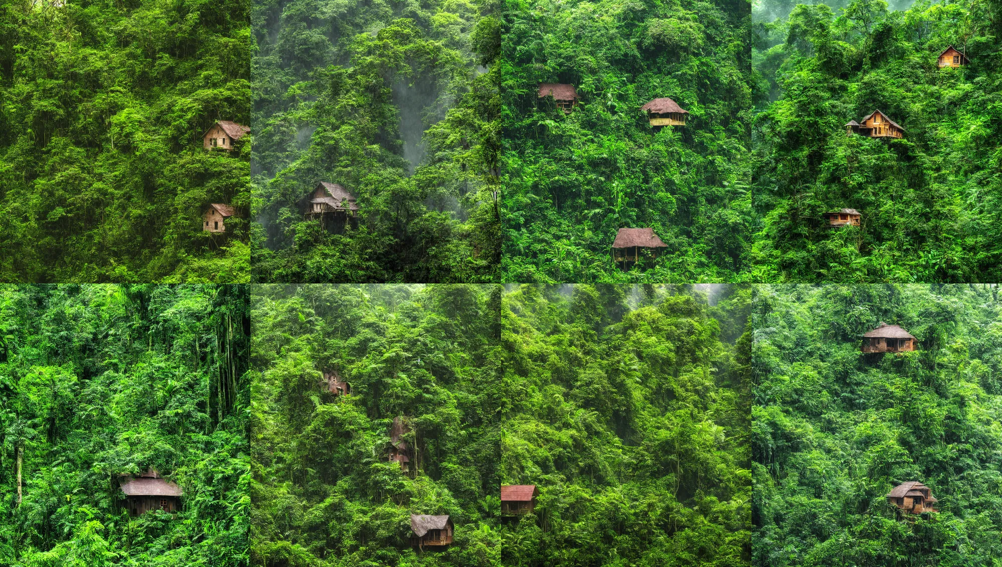 Prompt: a little house under a jungle cliff, light rain, sun - rays through high rain forest trees