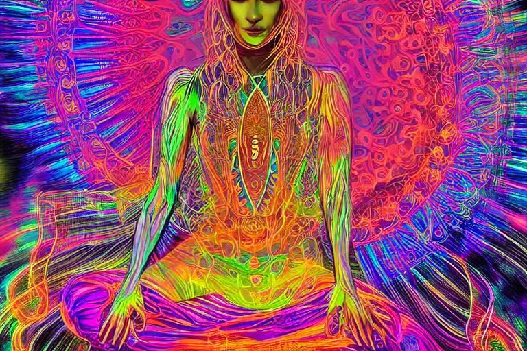 Prompt: Detailed, Electromagnetic Field DMT LSD, Beautiful Woman in Flowing Robe with Very Long Hair Meditating, realistic, high resolution, detailed reflection, detailed lighting, vivid ultraviolet colors, by Nixeu, by Hannes Bok