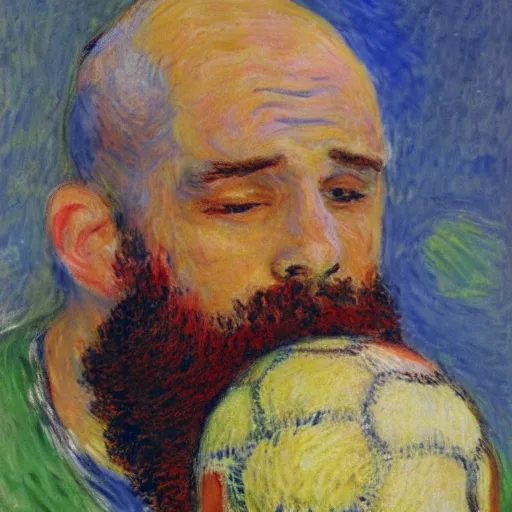 Prompt: monet painting of a bearded man with shaved head puking on a soccer ball, highly detailed, realistic,