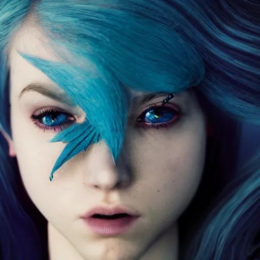 Image similar to portrait of young girl half dragon half human, dragon girl, dragon skin, dragon eyes, dragon crown, blue hair, long hair, highly detailed, cinematic lighting, by Robert Eggers