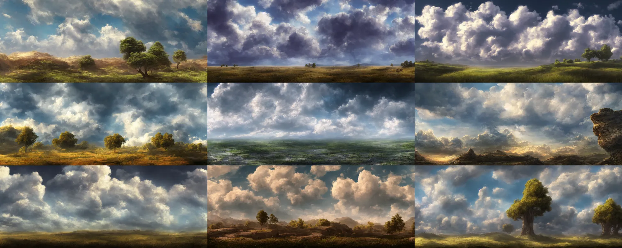 Image similar to peaceful puffy clouds, matte painting, concept art, 4k