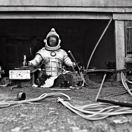 Image similar to wide angle photo of viking wearing space suit helmet and viking armor working on the antigravity gun ancient device, tools and junk on the ground,wires and lights, old village in the distance, vintage old photo, black and white, sepia