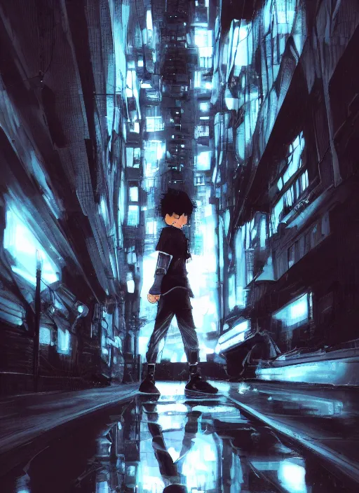 Image similar to Killua walking towards camera, low angle, epic, artstation, cyberpunk, intricate complexity