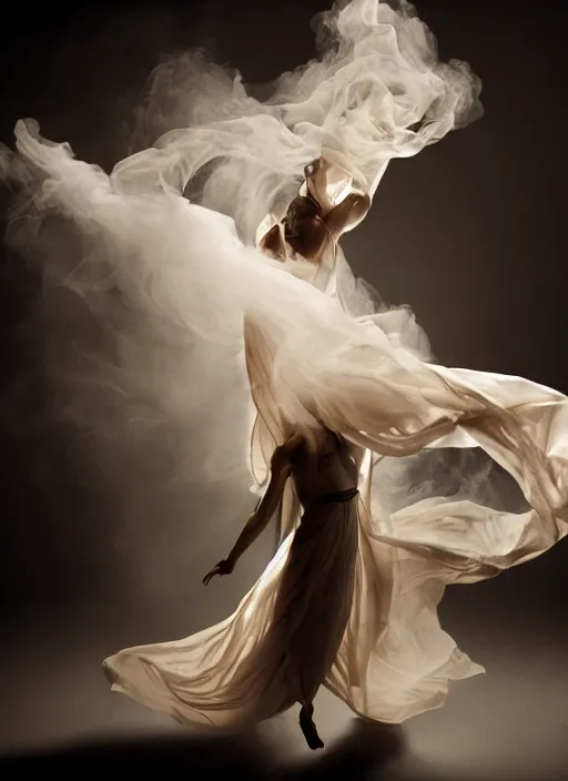 Image similar to a Photorealistic dramatic hyperrealistic render of a glamorous beautiful Female smoke dancer by Ken Brower and Deborah Ory of NYC Dance project,Lois Greenfield,Flowing cloth and smoke,Beautiful dynamic dramatic dark moody lighting,volumetric,shadows,cinematic atmosphere,Octane render,8K