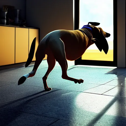 Prompt: goofy greyhound slamming into glass door, photorealistic, unreal engine, realistic lighting, dynamic shadows, golden hour, artstation, 4 k