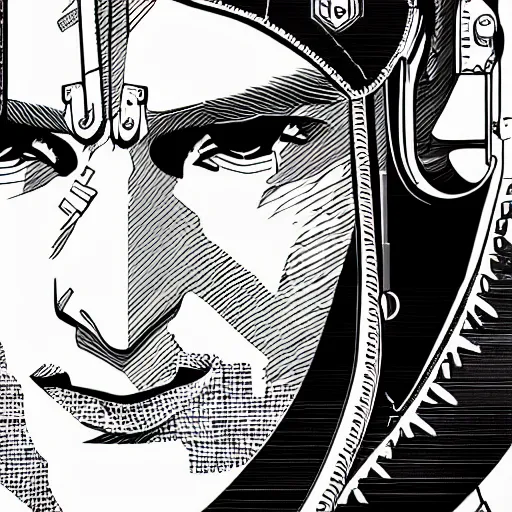 Image similar to detailed black and white illustration in the style of josan gonzalez of a close up of a suave young explorer wearing a cyberpunk headpiece, highly detailed, intricate details, 8k wallpaper