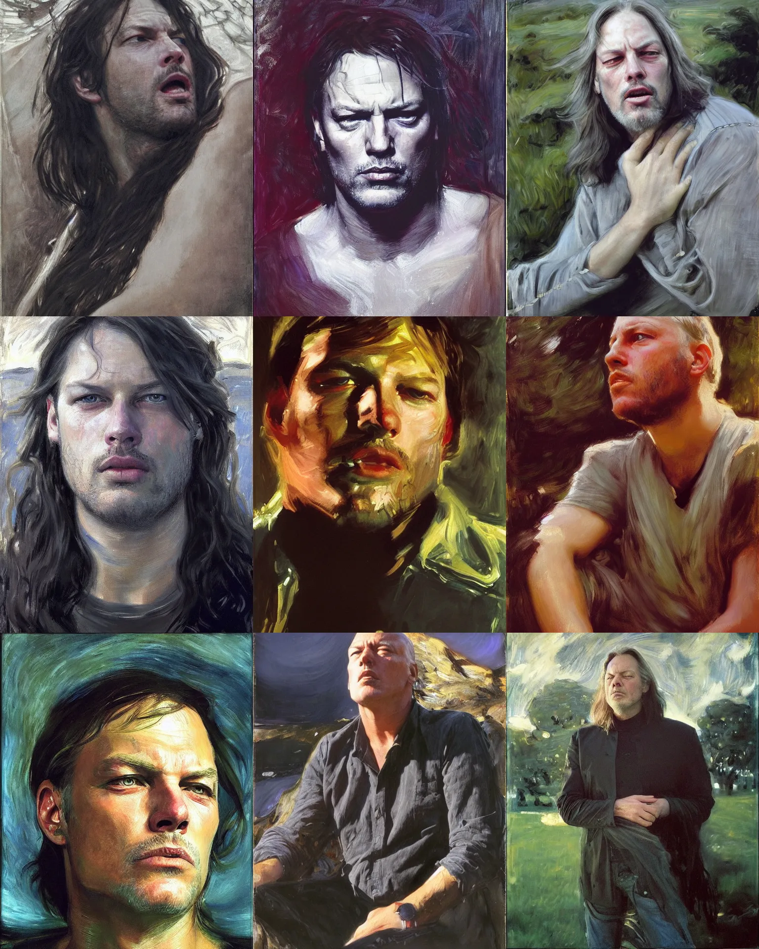 Prompt: david gilmour age 3 2 dramatic expression, plein air portrait painting by john singer sargent, john william waterhouse, donato giancola, fashion photography, psychedelic