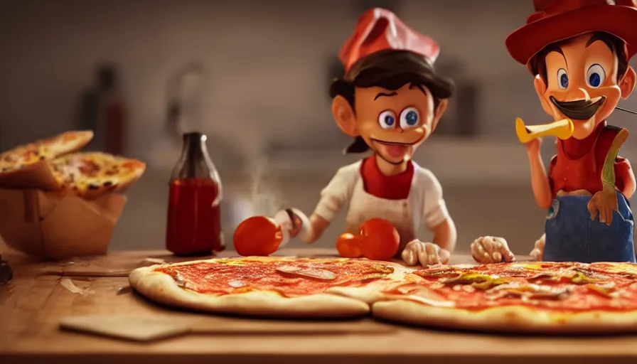 Prompt: pinocchio making pizza, photorealistic rendering. artstation, 4 k, hyperrealism
