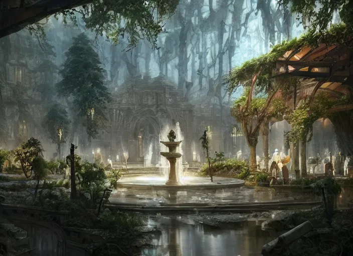 Image similar to A tavern inside a beautiful elven city made of white marble, anime, lush trees, fountain, a fantasy digital painting by Greg Rutkowski and James Gurney, trending on Artstation, highly detailed