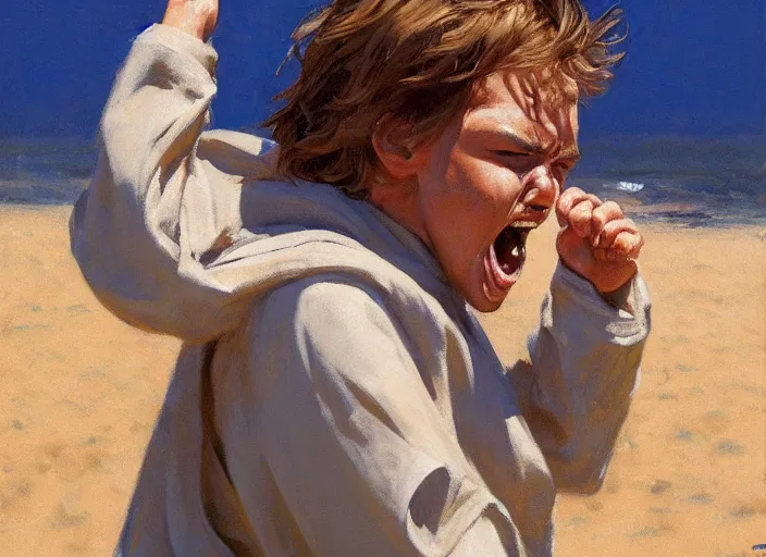 Image similar to a highly detailed beautiful portrait of anakin skywalker screaming and crying at sand, by gregory manchess, james gurney, james jean