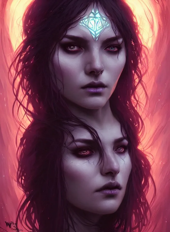 Prompt: Necromancer Sorceress face macro in center, fantasy magic, undercut hairstyle, dark light night, intricate, elegant, sharp focus, illustration, highly detailed, digital painting, concept art, matte, art by WLOP and Artgerm and Greg Rutkowski and Alphonse Mucha, masterpiece