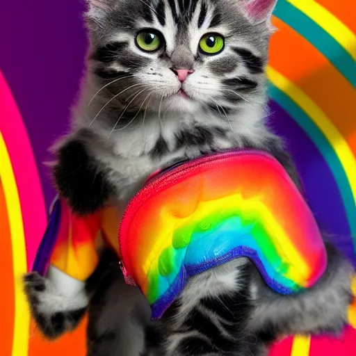 Image similar to wide angle full body, jacket wearing fluffy cute rainbow kitten wearing a black leather motorcycle jacket, cinematic concept art