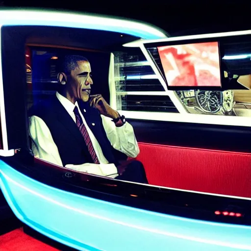 Image similar to barack obama on pimp my ride sitting in his newly upgraded presidential limo complete with a playstation 2, and a minibar. there are also neon lights in the interior.