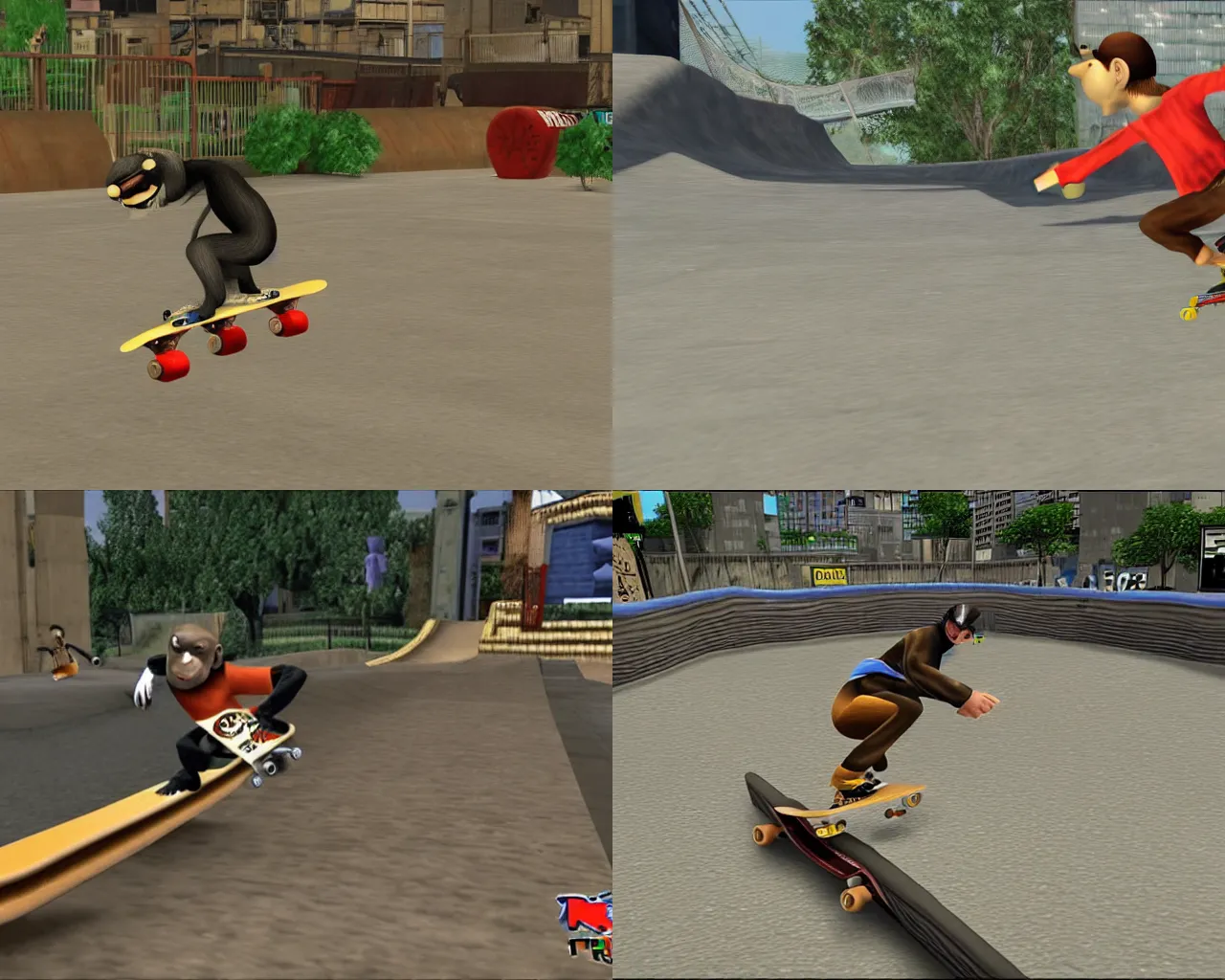 Prompt: a monkey riding a skateboard in tony hawk's pro skater 3, playstation 2 gameplay still