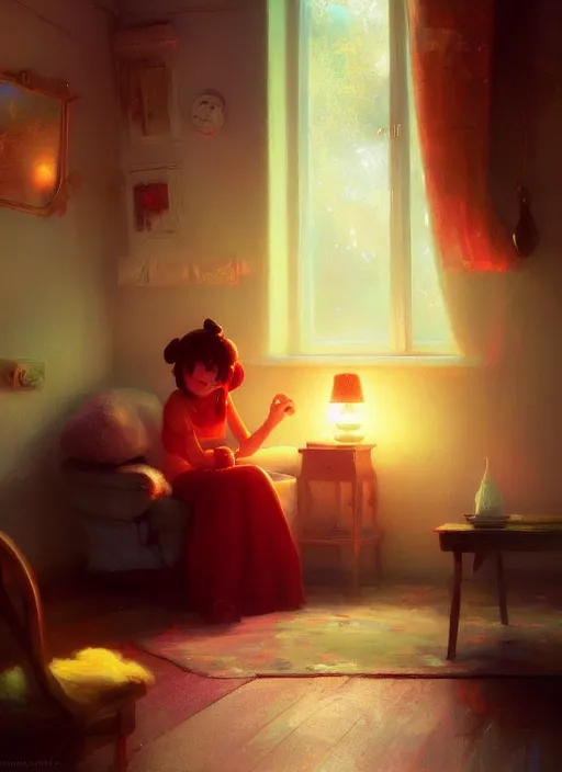 Prompt: beautiful interior of a cozy cottage, delphin enjolras, goro fujita, makoto shinkai, trending on artstation