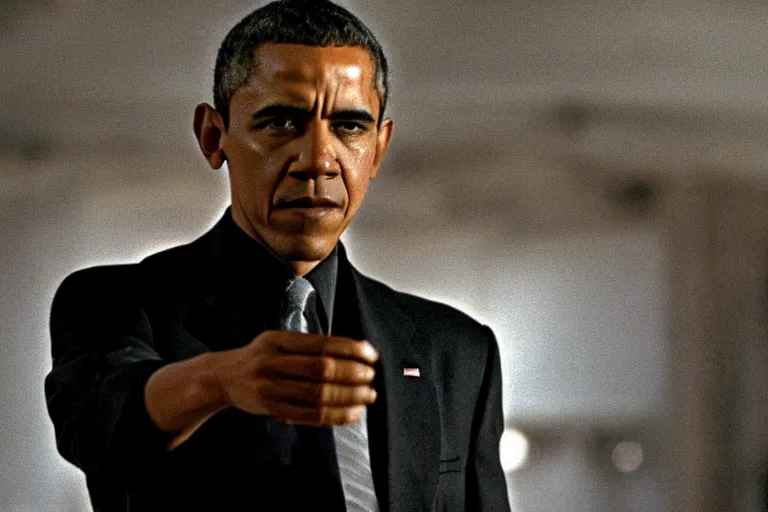 Prompt: a film still of Barack Obama in The Matrix (1999), dramatic lighting
