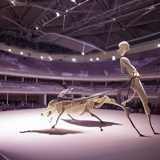 Image similar to opalescent by gustave baumann, by goro fujita realistic, mournful. a kinetic sculpture of a bullfight in spain. the kinetic sculpture is set in an arena with spectators in the stands. several figures in the kinetic sculpture, including a matador & a bull.