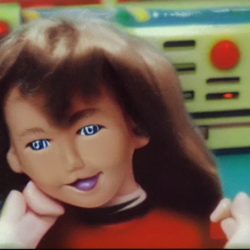 Image similar to vhs footage of an 8 0 s toy commercial of a super creepy toy