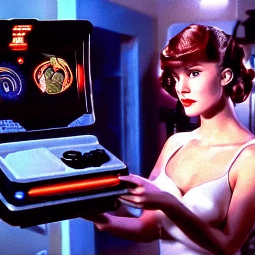 Prompt: a still of a beautiful pin up playing with a Gamecube controller, in the movie Lifeforce (1985), highly detailed and intricate, cinematic lighting, 4k HDR