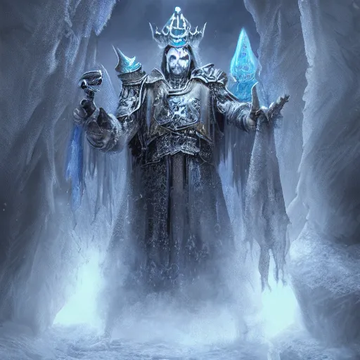 Image similar to a matte painting of the lich king wearing a crown made of ice, icey, world of warcraft, digital art, fantasy, realistic lighting, in the style of greg rutkowski