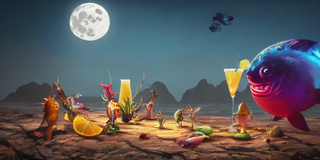 Prompt: fish enjoying a margarita during full moon with his worst enemies, colorful, contrast, 3 d scene, greg rutkowski, zabrocki, karlkka, jayison devadas, trending on artstation, 8 k, ultra wide angle, zenith view, pincushion lens effect