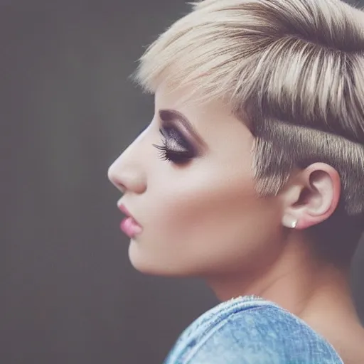 Image similar to “ fashion model short blonde hair looking into lens heavy bokeh photography high quality ”